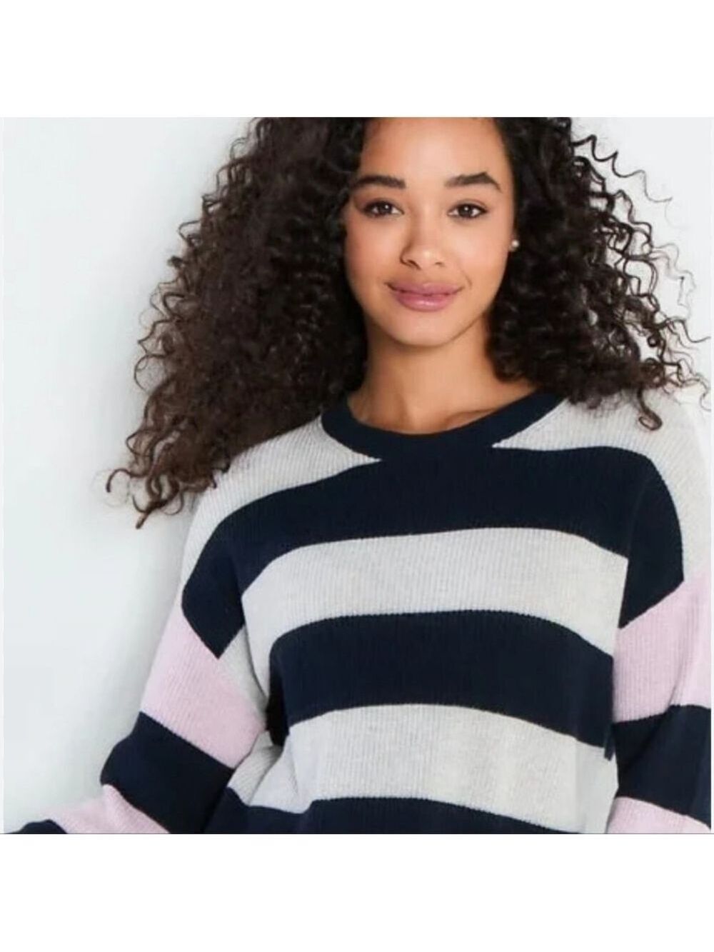 Lisa Todd Gray Black Stripe Crew Neck Sweater Small